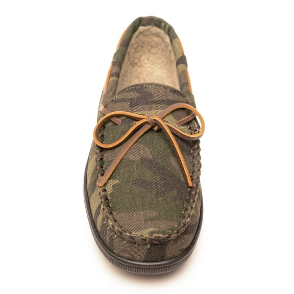 Minnetonka Men's Pile Lined Moccasin Slippers with Hard Soles, 9, Green Camo Print
