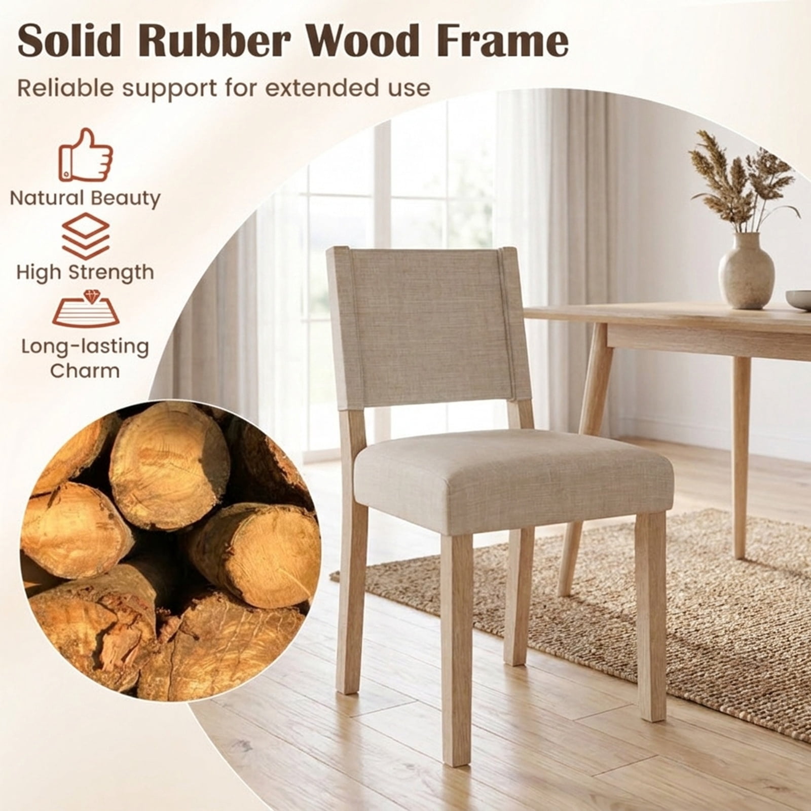 Furnibear Upholstered Dining Chairs with Solid Rubber Wood Legs Set of 2 for Kitchen Dining Room Living Room Home, Beige