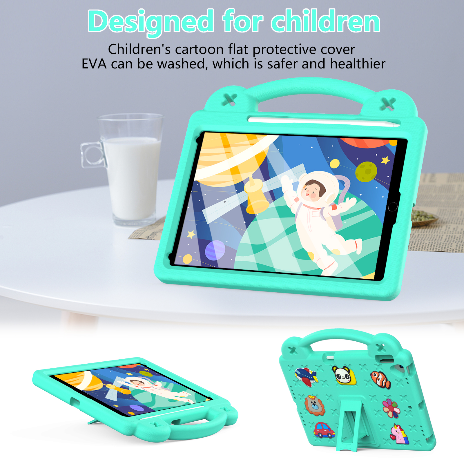 ELEHOLD Kids Case for iPad 9th/8th/7th Gen (2021/2020/2019)10.2 inch, EVA Foam Cute Cartoon Case with Built-in Kickstand Pencil Holder Shockproof Portable Case for iPad 10.2",Mintgreen