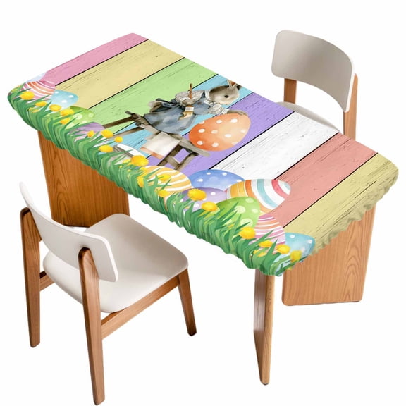 Easter Rabbbits Table Cloths for 5 Foot Rectangle Tables, Eggs Spring Floral Grass Colorful Wooden Patio Waterproof Elastic Fitted Tablecloths, Washable Rectangular Table Cover for Camping