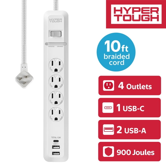 Hyper Tough Surge Protector Power Strip with 4 Outlet, USB Ports, 10 ft Braided Cord, White
