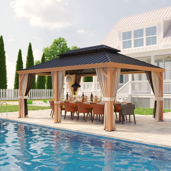 COOS BAY 12x18 Outdoor Hardtop Gazebo, Wood Grain Aluminum Frame, Double Galvanized Steel Roof Permanant Metal Pavilion with Nettings and Curtains for Patio, Deck and Backyard