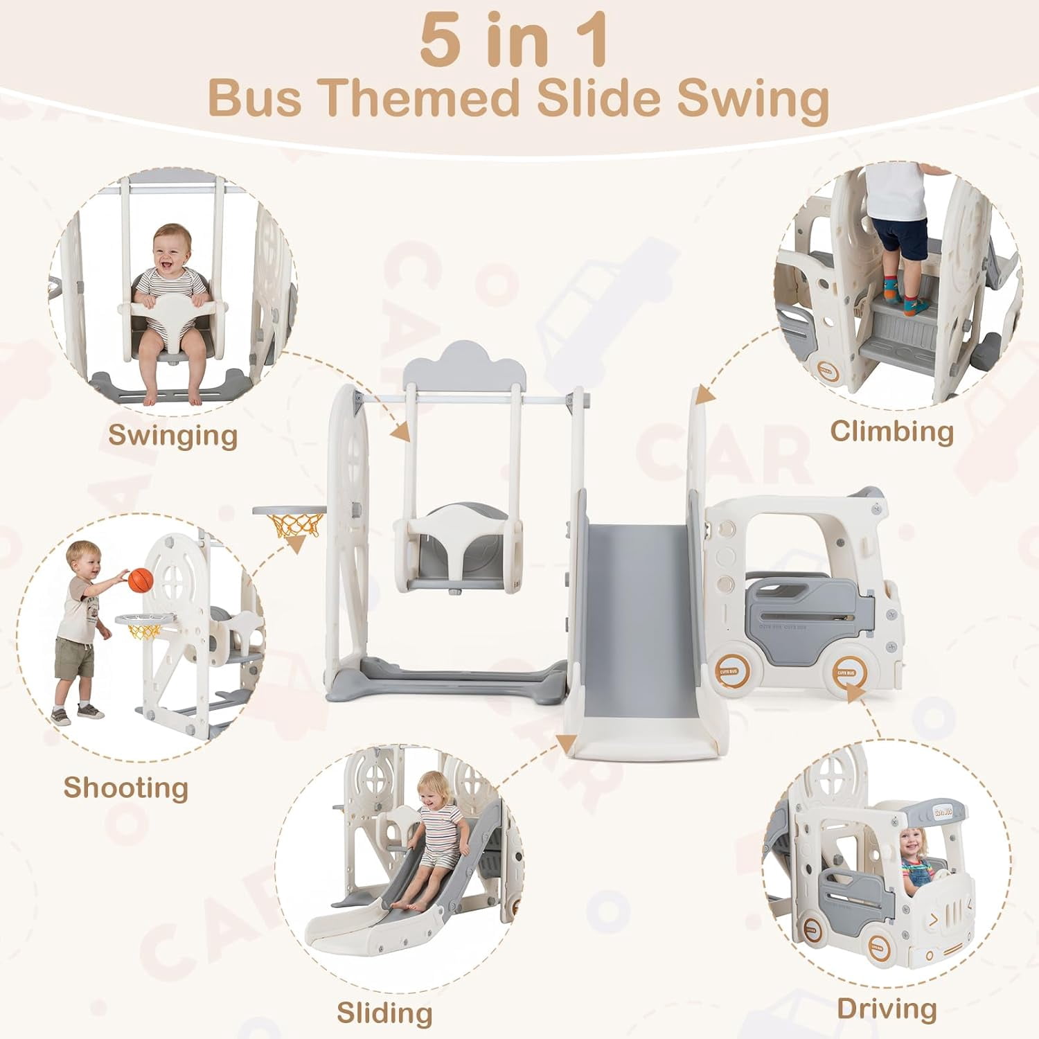 OLAKIDS Toddler Slide and Swing Set, 5 in 1 Bus Themed Baby Slide with Climber Basketball Hoop Car Playhouse for Indoor Outdoor Boys Girls Aged 3+
