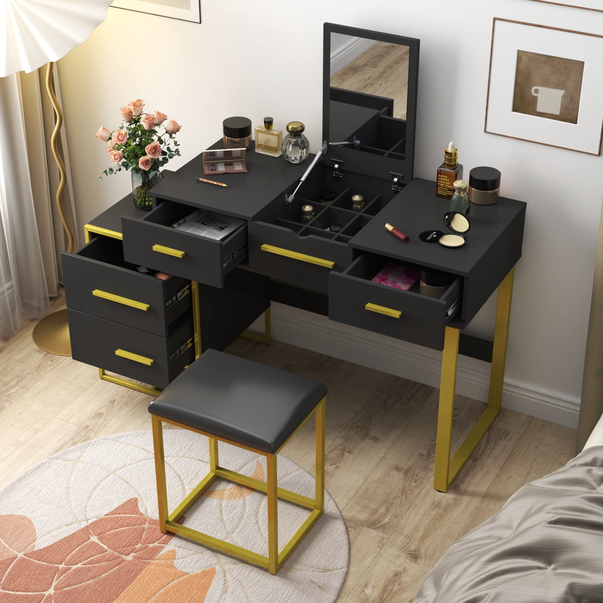 Makeup Vanity Set with Mirror , Dresser Table with Nightstand , with 4 Drawers