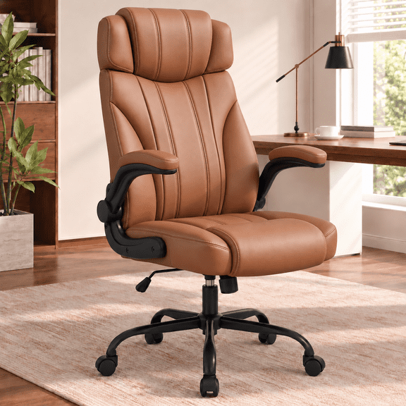 Pinmoco Executive Office Chair, High Back PU Leather Home Office Desk Chair with Flip-Up Arms, Ergonomic Big and Tall Computer Chair with Swivel and Rocking Functions, Brown