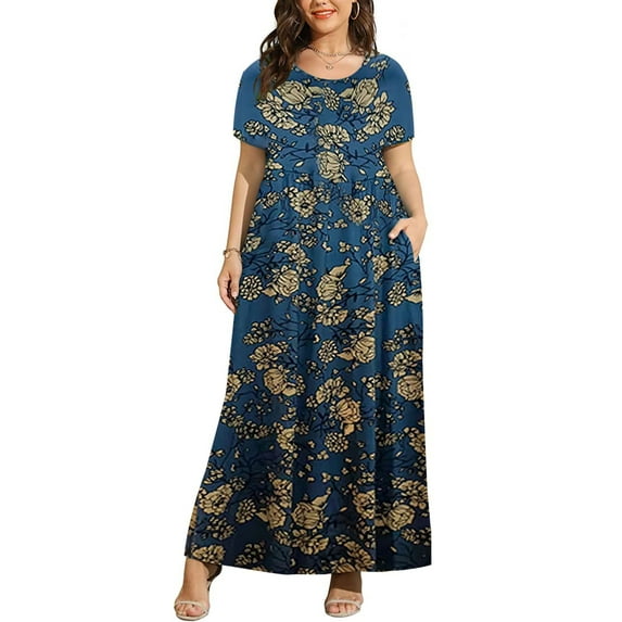Frontwalk Ladies Summer Beach Sundress Short Sleeve Long Dress Crew Neck Maxi Dresses Travel Sexy Plus Size Blue Gray 2XL