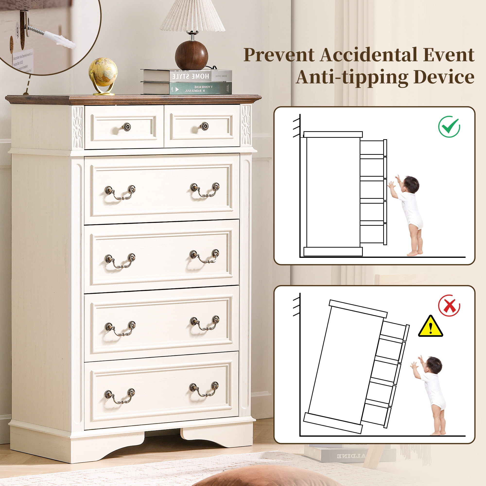 FIAKOA 48” Tall 6 Drawer Dresser for Bedroom, Farmhouse Storage Chest of Drawers for Livingroom, White