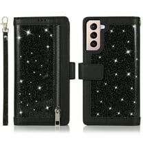 Allytech Samsung Galaxy S21 Bling Wallet Case for Women,9 Card Holder Flip Kickstand Folio Book Sparkly Protective Leather Magnetic Zipper Wallet Clutch Case with Strap/Money Pocket Glitter Purse Case