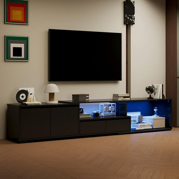 WOODTIME 63-90.6" W Extendable TV Stand with Lights for TVs up to 85 Inches, Modern Wooden Entertainment Center Media Console Cabinet with 2 Drawers, Open Shelves for Living Room, Black