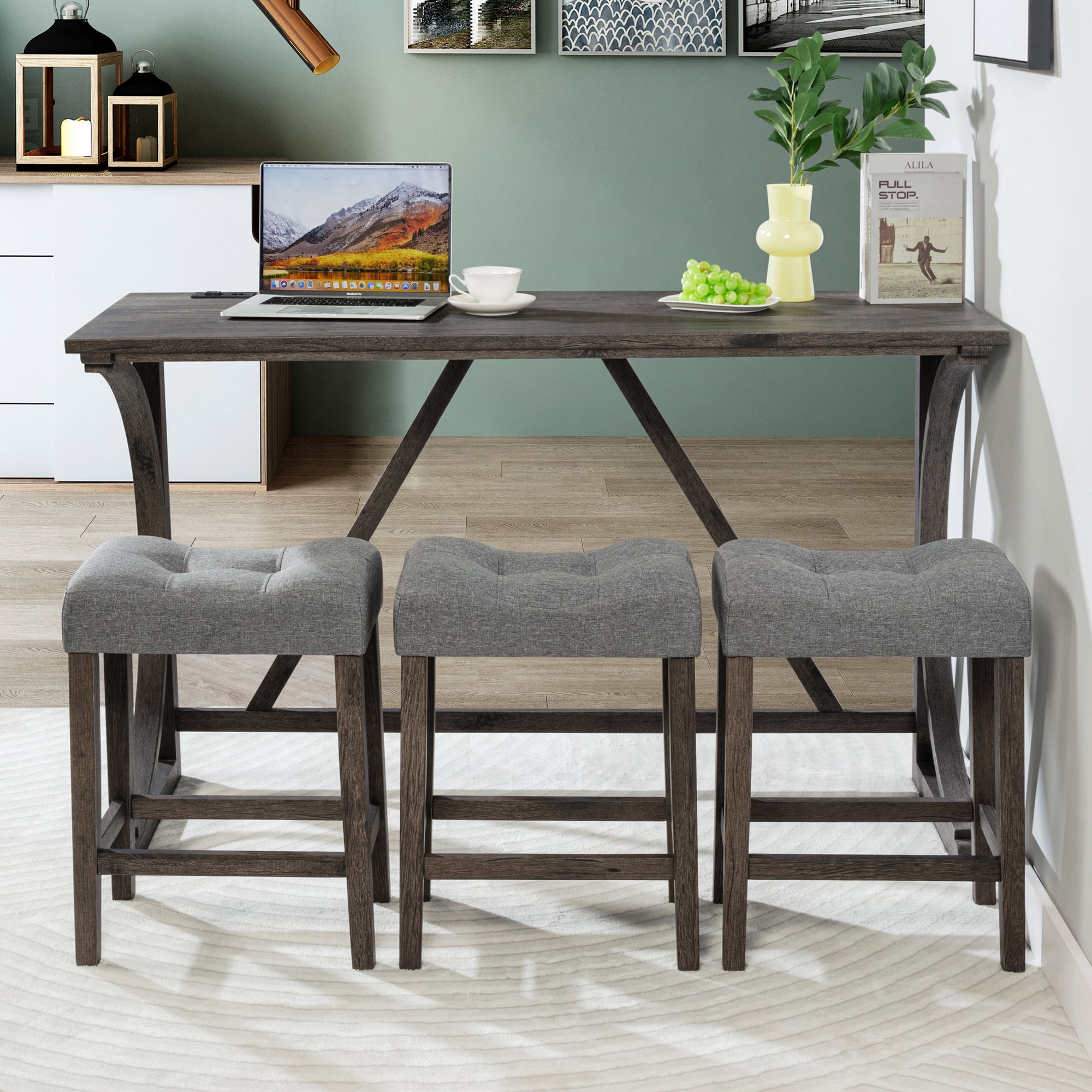 Gewnee 4 Piece Bar Table Set,Counter High Bar Table Set with Power Outlet and 3 Linen Chairs,Industrial Breakfast Table for Kitchen,Living Room.Dark Grey