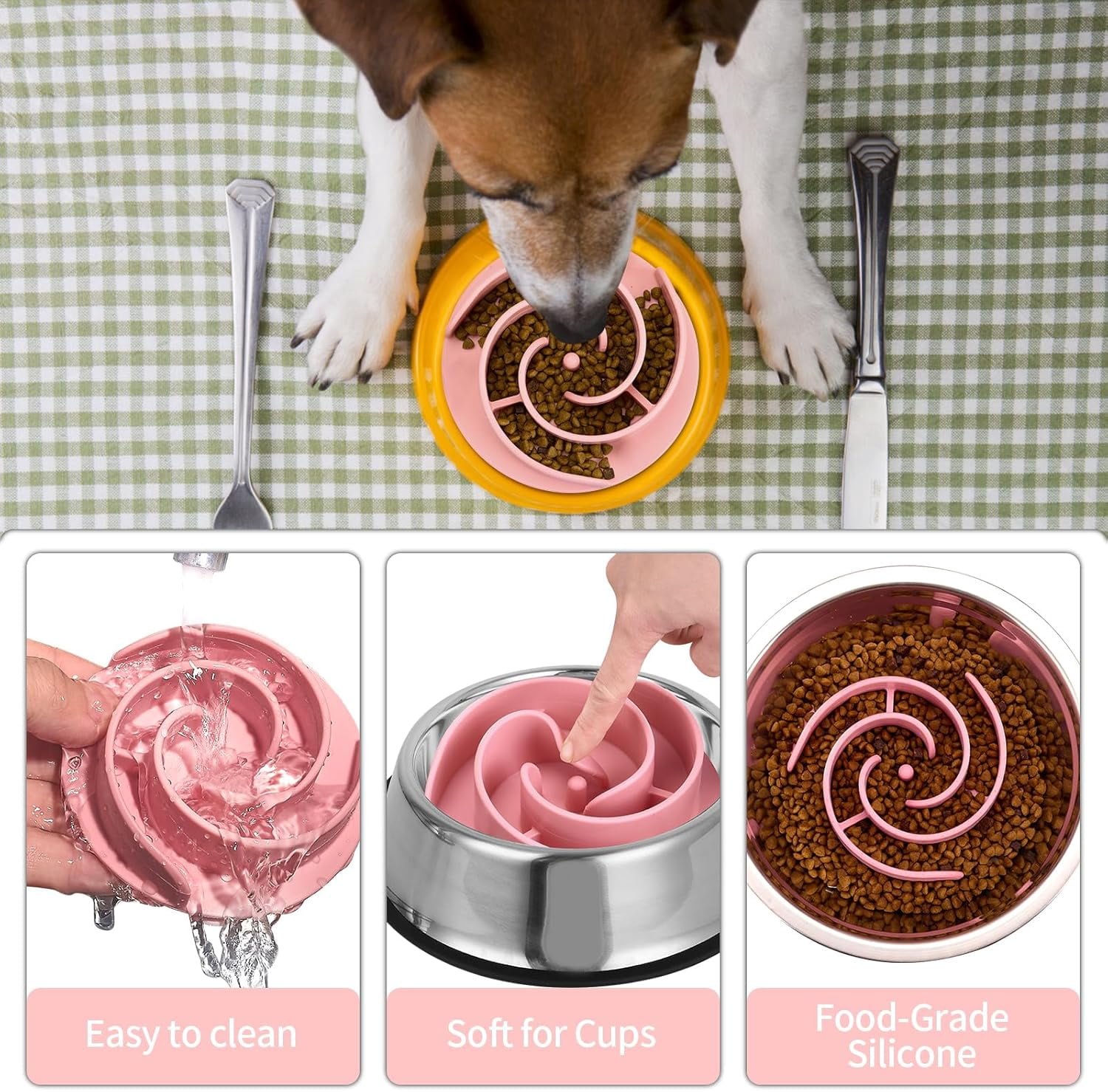 Slow Feeder Dog Bowls Insert,  Soft Silicone Slow Eating Feeder Insert with Suction Cups for Small, Medium and Large Dogs, Fit into Basic and Elevated Dog Bowls, Pink Pink,S