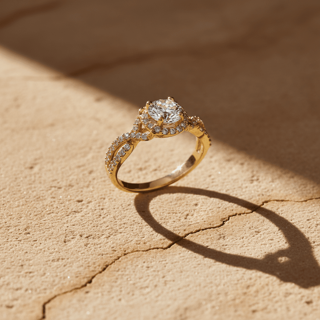 Vinali 14K Solid Yellow Gold Twist Halo Engagement Ring for Women - 0.84ct Round Center Stone - Size 6
