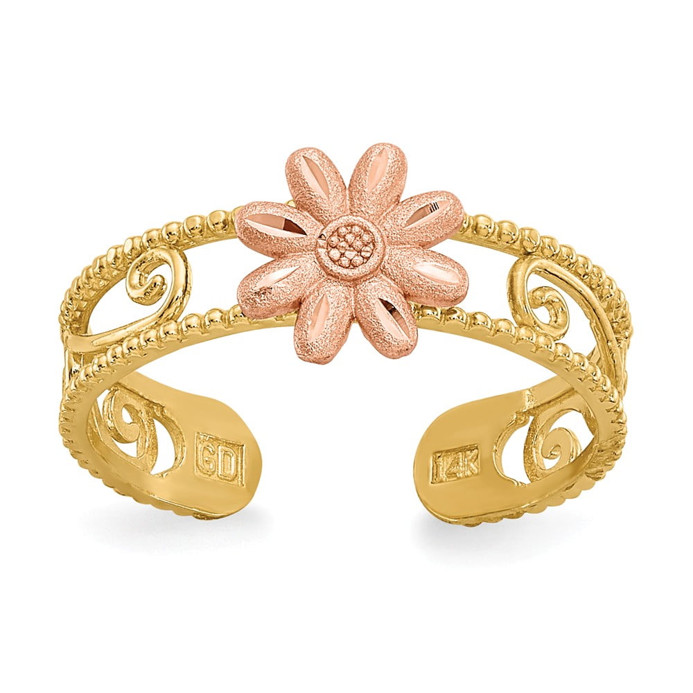 Real 14kt Yellow Gold Two-tone Flower Toe Ring; for Adults and Teens; for Women and Men