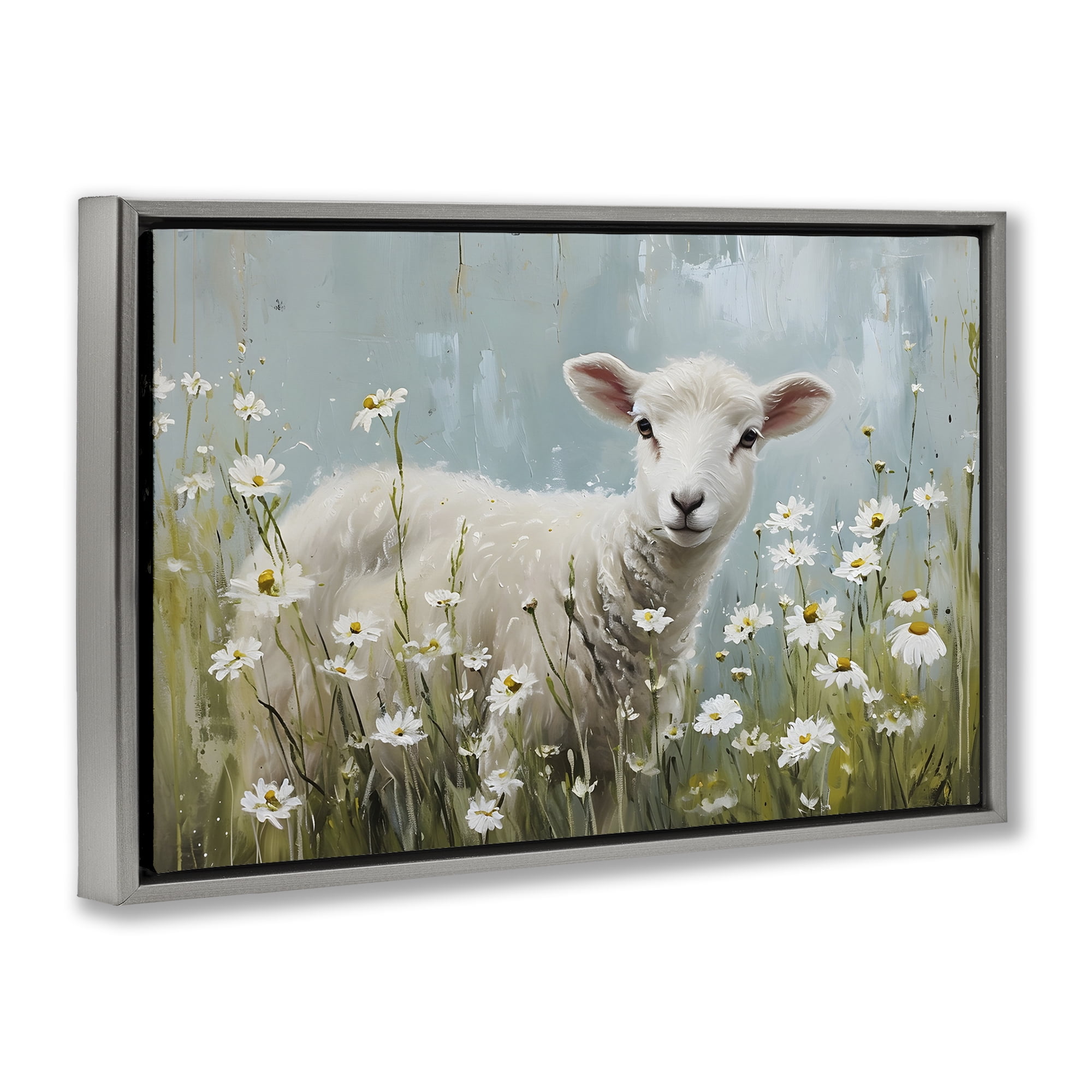 Stupell Industries Lamb Among Daisies Animals & Insects Painting Gray Floater Framed Canvas Art Print Wall Art, 31 x 21