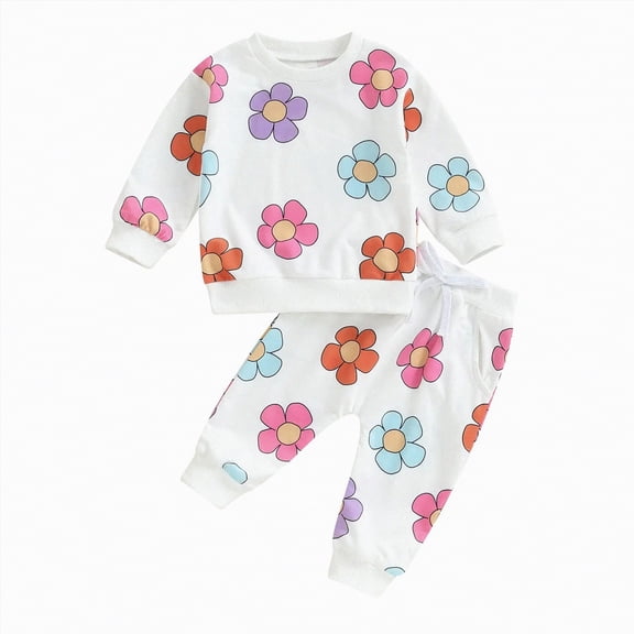 Xyant Baby Girl Fall Winter Outfits Toddler Spring Clothes Long Sleeve Floral Graphic Crewneck Sweatshirt Joggers Pants Set (White,18-24 Months)