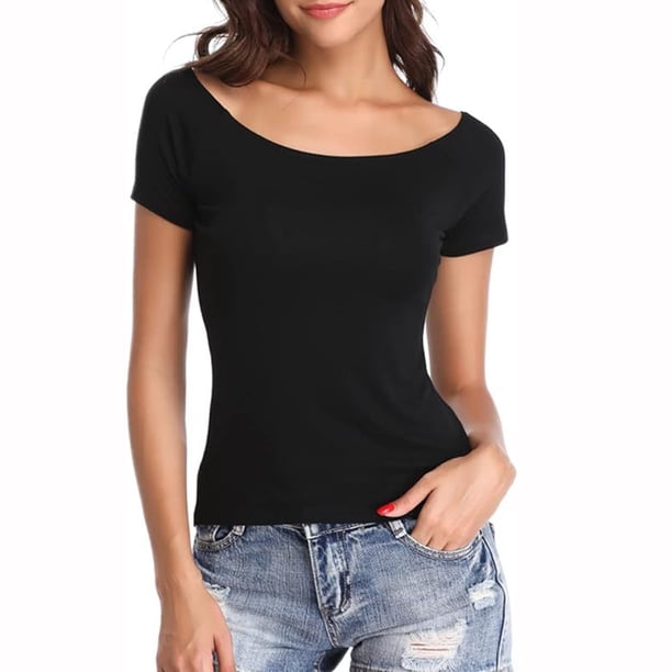 Camiseta ajustada de manga corta con hombros descubiertos para mujer - Poliéster/spandex, color liso, estilo informal - Tallas S-XL