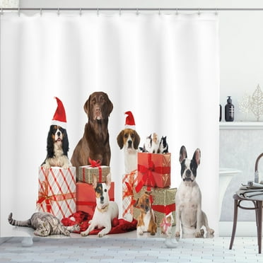 Ambesonne Christmas Shower Curtain, Funny Pets Gifts Photo, 69"Wx70"L, White Brown and Red
