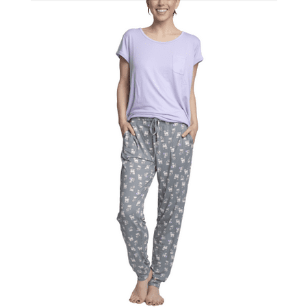 

Hanes Women s Short Sleeve Top and Jogger Pajama Pants Purple/Grey Cat Medium