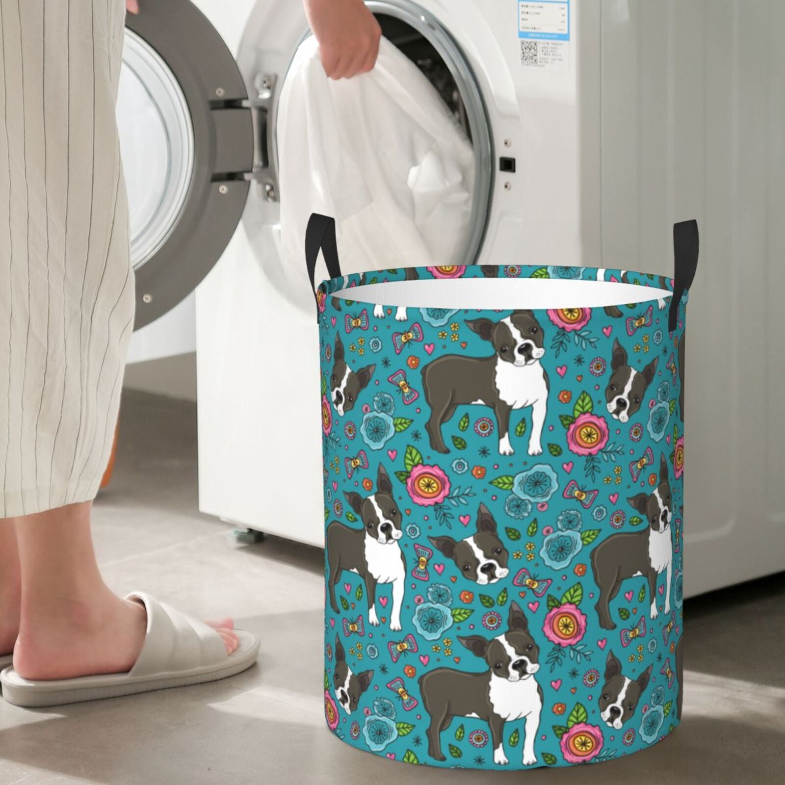 Large Laundry Basket with Handles - Boston terrier flowers green cute Kids Baby Dirty Clothes Laundry Hamper for Bedroom Aesthetic