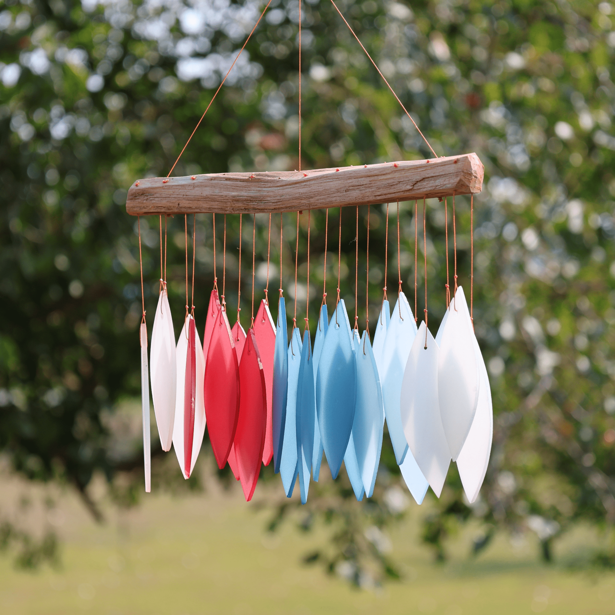 Blue Handworks New England Harbor Glass Leaves Windchime - Sandblasted Glass and Found Wood Handcrafted Wind Chime