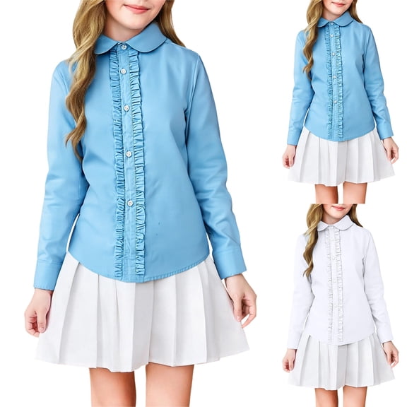 Gaexia Girls Long Sleeve Blouse Ruffle Dress Shirt For School Performance And Girls Clothes (Sky Blue,17-18 Years)