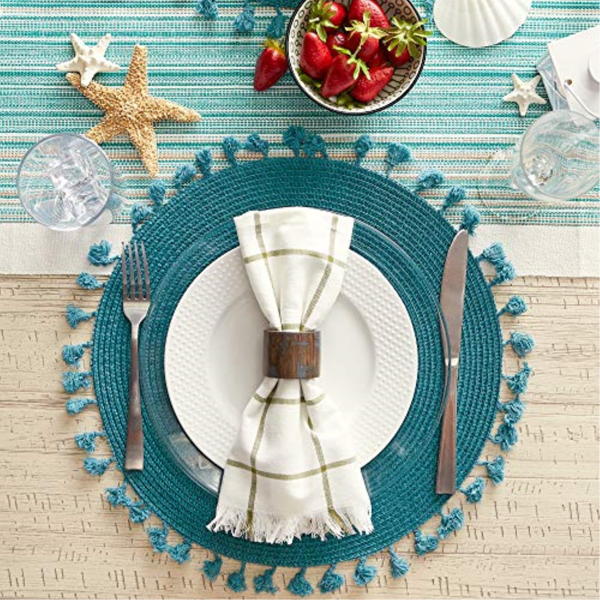Teal Tassel Fringe Pp Woven Round Placemat Set of 6
