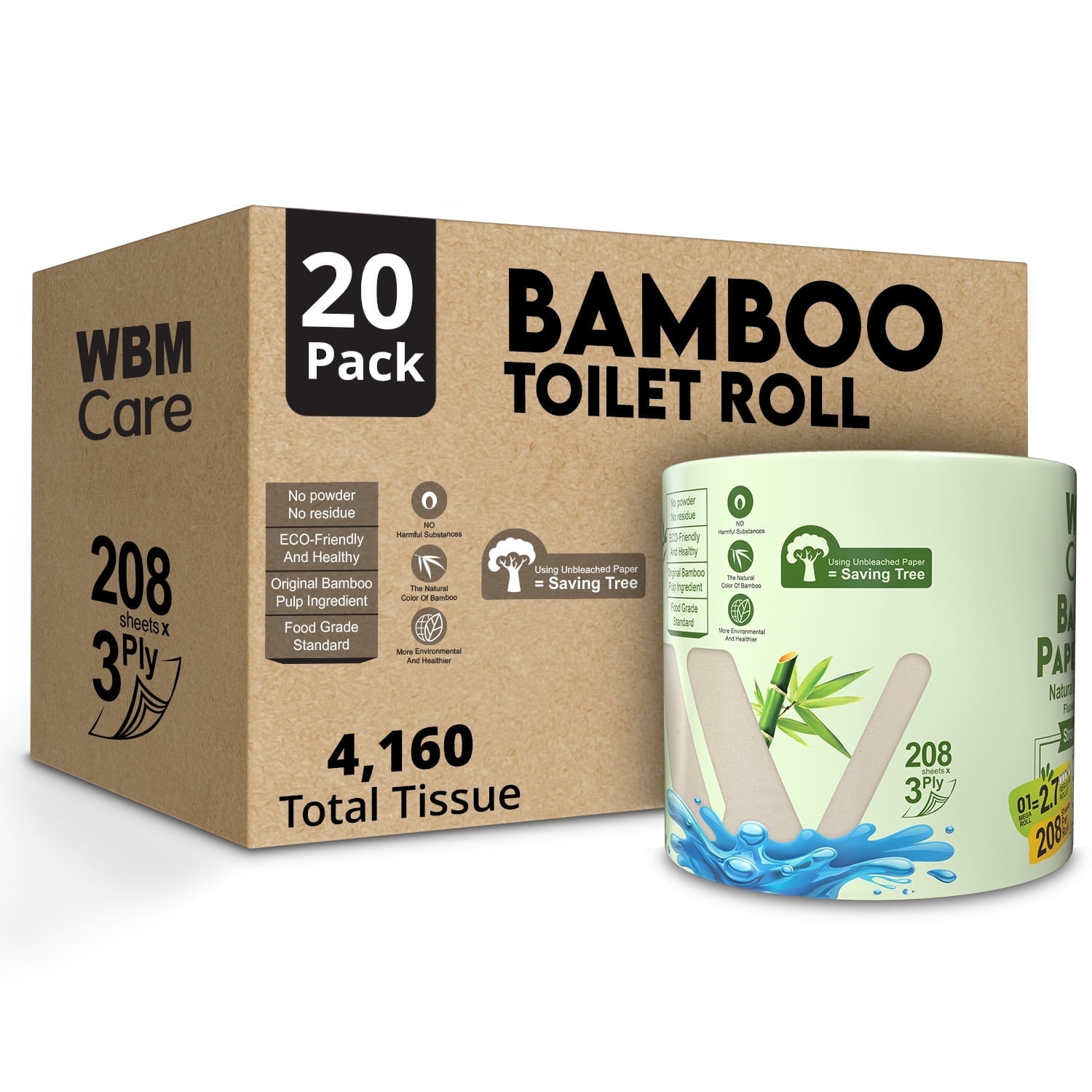 WBM Bamboo Toilet Paper, 3-Ply Tissue Roll Tree Free Paper, 20 Roll Count, 4160 Total Sheets