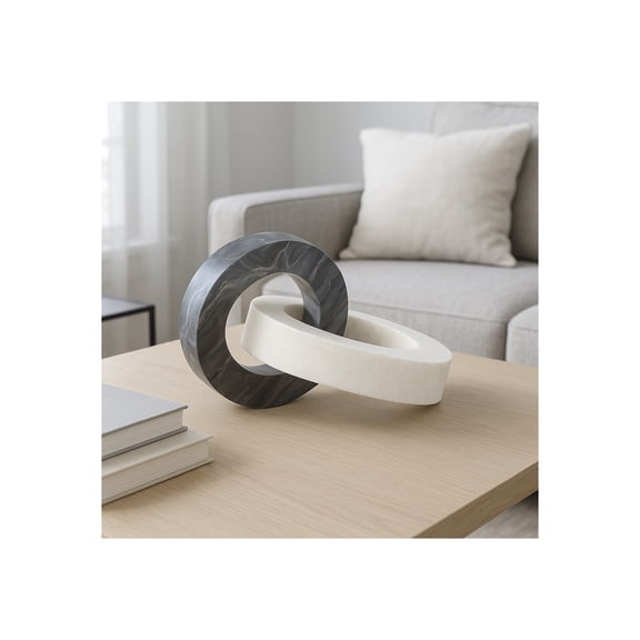 Marble Double Ring Sculpture for Home and Bathroom Decor - Decorative Office Accent for Desk, Shelf, or Coffee Table - Intertwined Statue Ornament for Living Room Decor - 6", White & Black