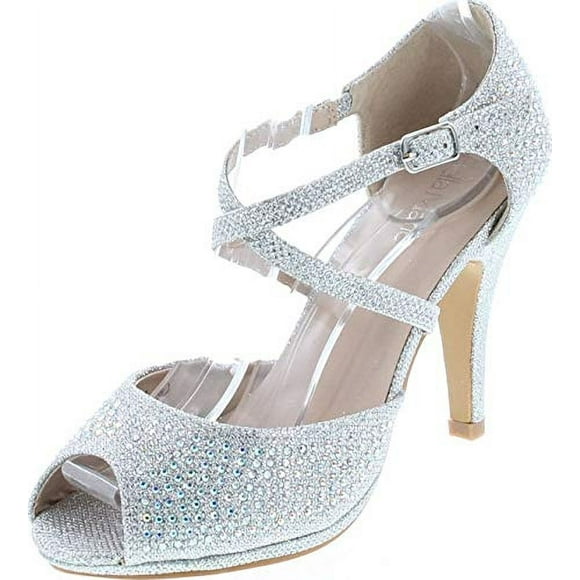 Bella Marie Shania-1 Women's Peep Toe Rhinestone Glitter Crossing Strap Dance Sandals,Silver,10