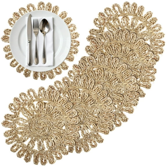 6 Pcs Corn Husk Woven Round Placemats Set, 13 in / 33 cm Boho Farmhouse Woven Placemats, Handmade Table Mats, Rustic Place Mats for Dining Table, Beige