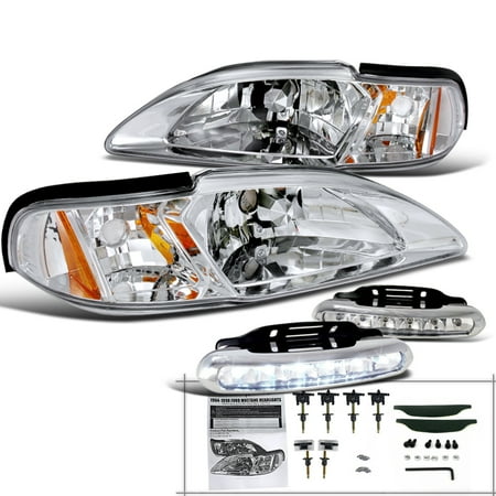 1996 Ford Taurus Headlight - Spec-D Tuning For 1994-1998 Ford Mustang Crystal Chrome Headlights Signal + Led Daytime Running Lamp (Left+Right) 1994 1995 1996 1997 1998