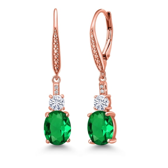 Gem Stone King 18K Rose Gold Plated Silver Green Nano Emerald and White Moissanite Dangle Earrings for Women with Lab Grown Diamond (3.49 Cttw, Oval 9X7MM)