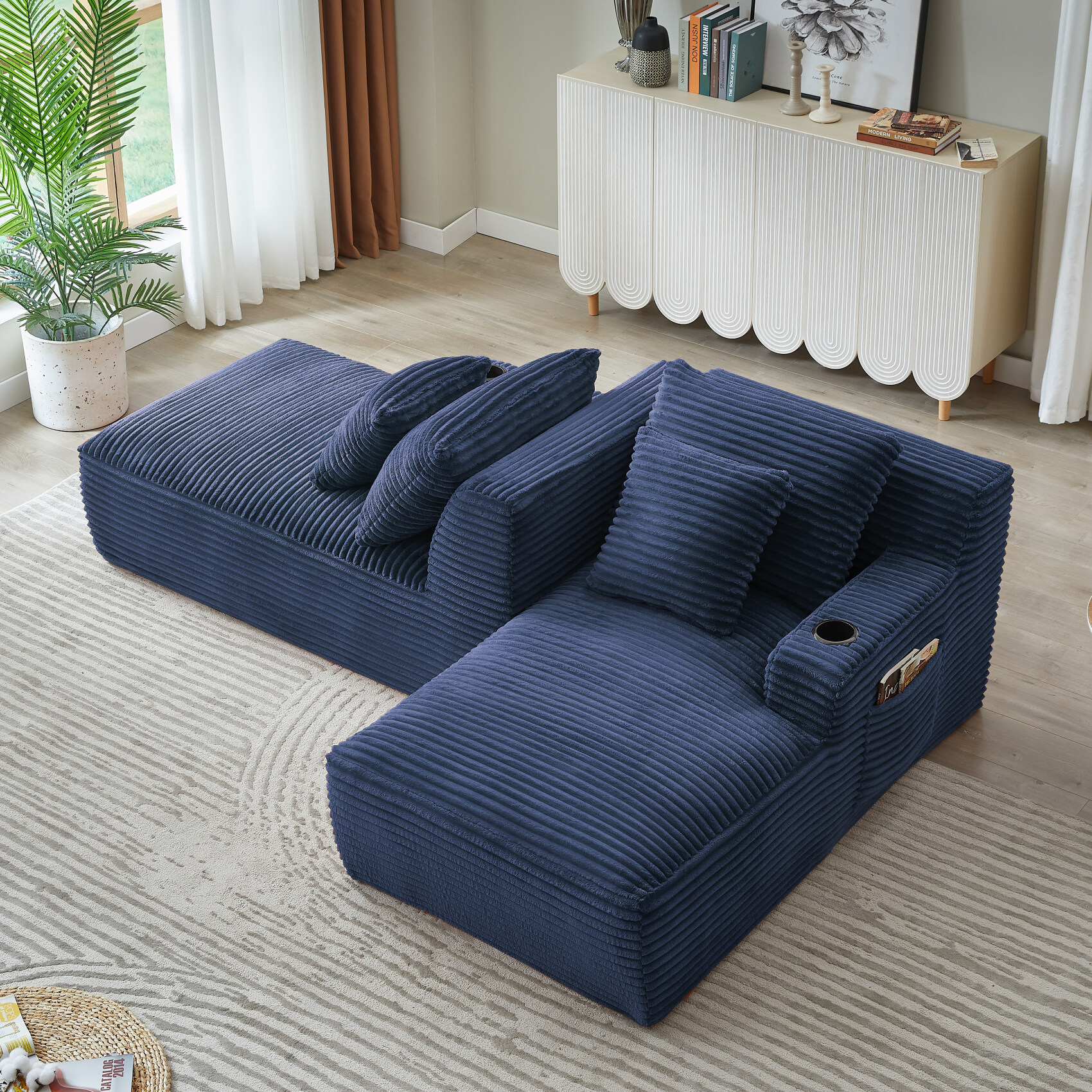 71" Oversized Double Chaise Lounges Indoor, Upholstered Corduroy Sofa Bed with Dual Cup Holders, Sectional Sleeper Loveseat for Living Room, Blue