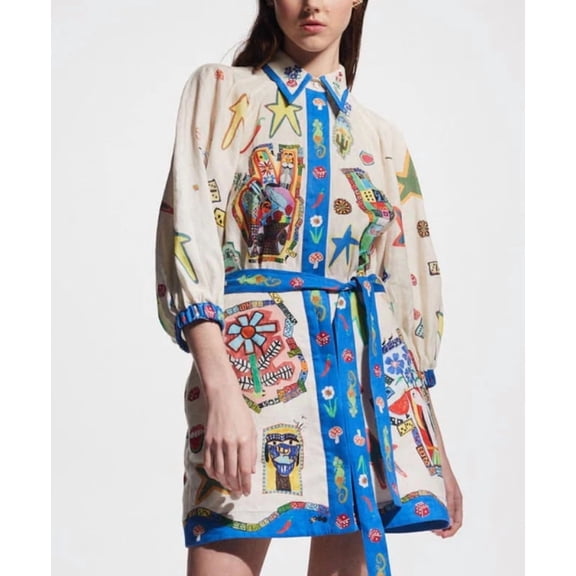 2026 New Floral Print Tie-Waist Long-Sleeve Dress for Women