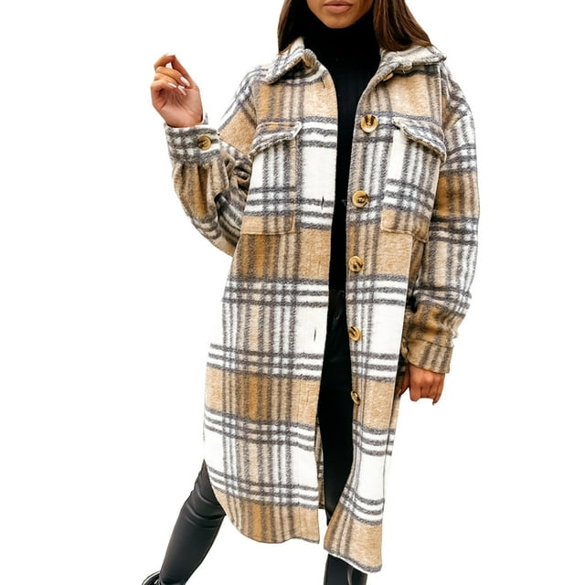 FAIWAD Veste Longue à Carreaux pour Femmes Manches Longues Col à Revers Chemise Boutonnée Automne Hiver Manteau Léger