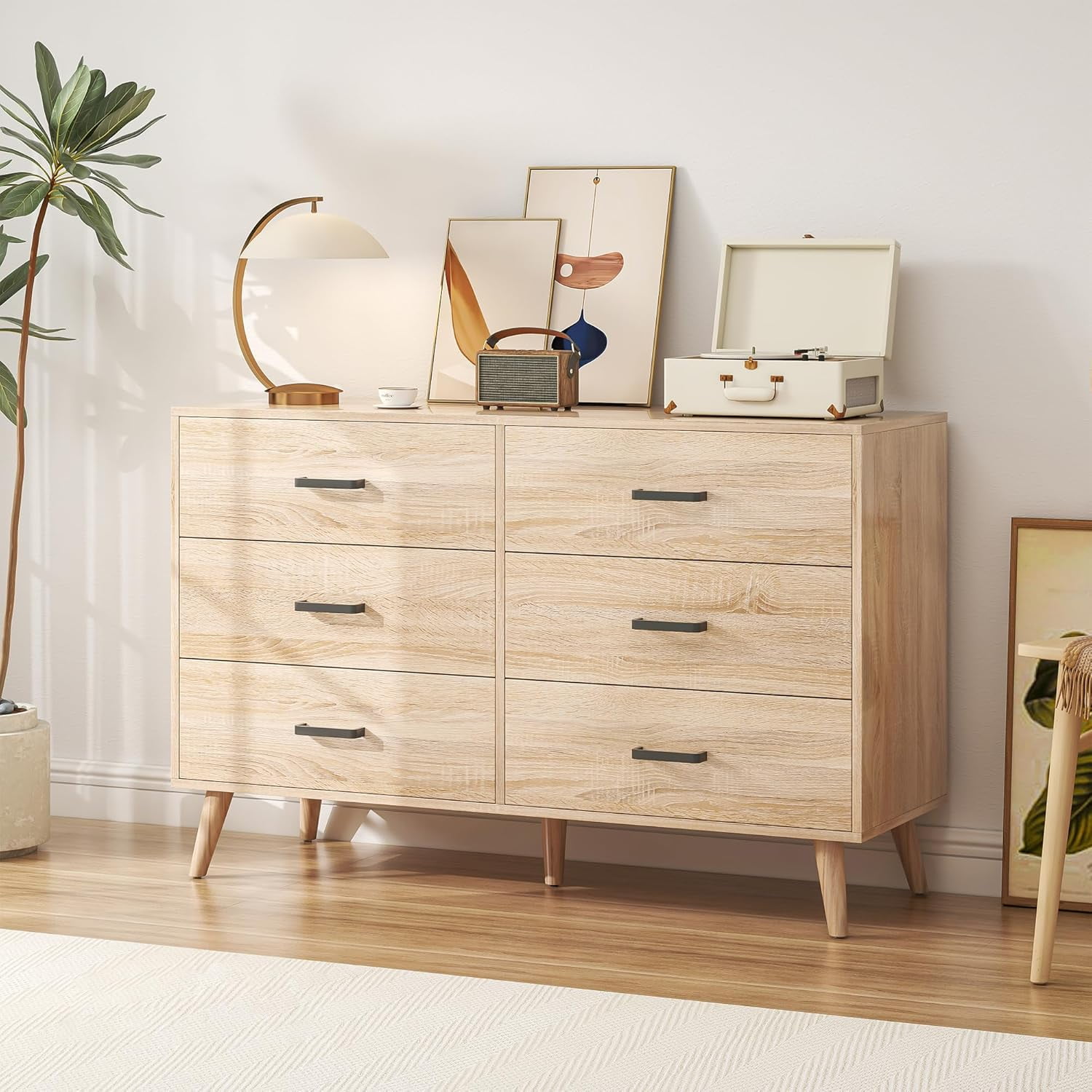 Meteorleg 6 Drawer Dresser for Bedroom, Wood Oak Dresser with Wide Drawers and Metal Handles,Modern Dresser Chest for Bedroom,Living Room,Entryway