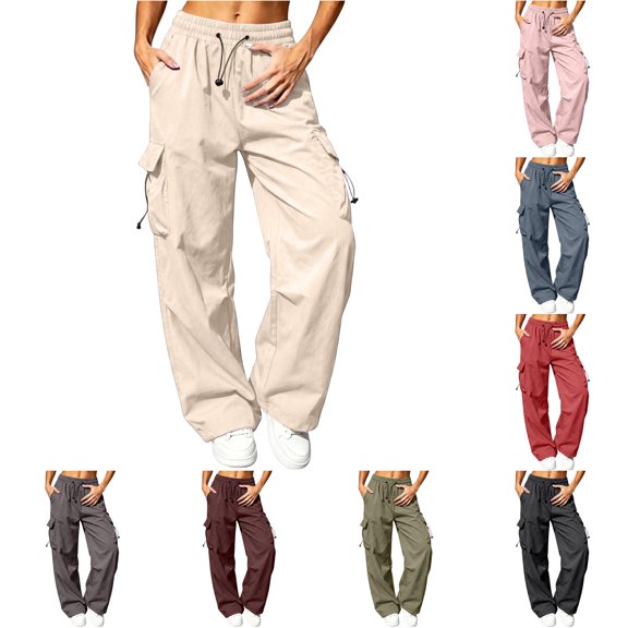 Huowey Baggy Cargo Pants For Women Wide Leg Hiking Pants With Pockets Drawstring Casual Daily Trendy Outdoor Athletic Trousers,Beige,L