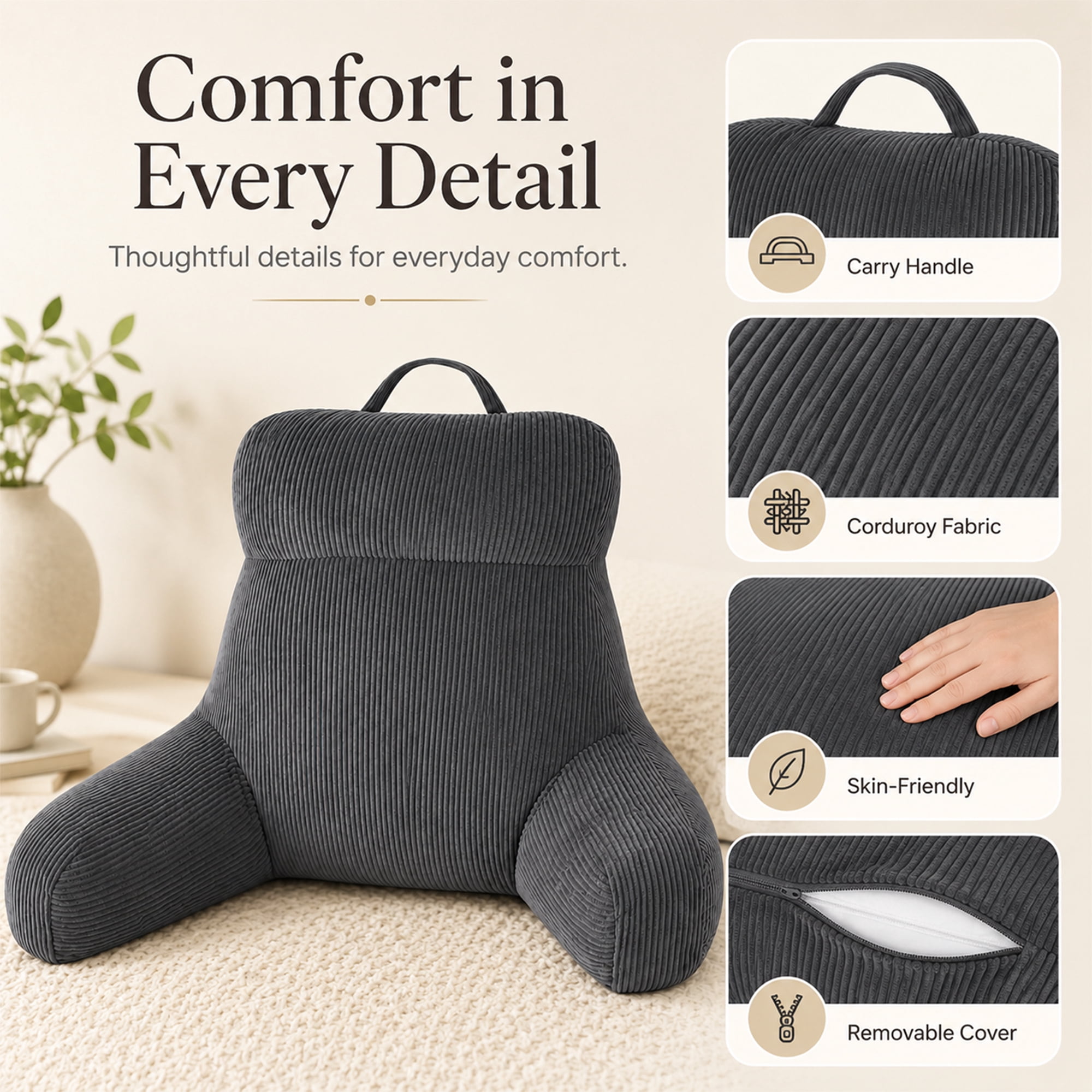 18” Reading Pillow,Backrest Pillow with Adjustable Firmness, Reinforced Headrest & Armrests, Supportive Sit-Up Pillow for Bed, Floor, Gaming(Grey)