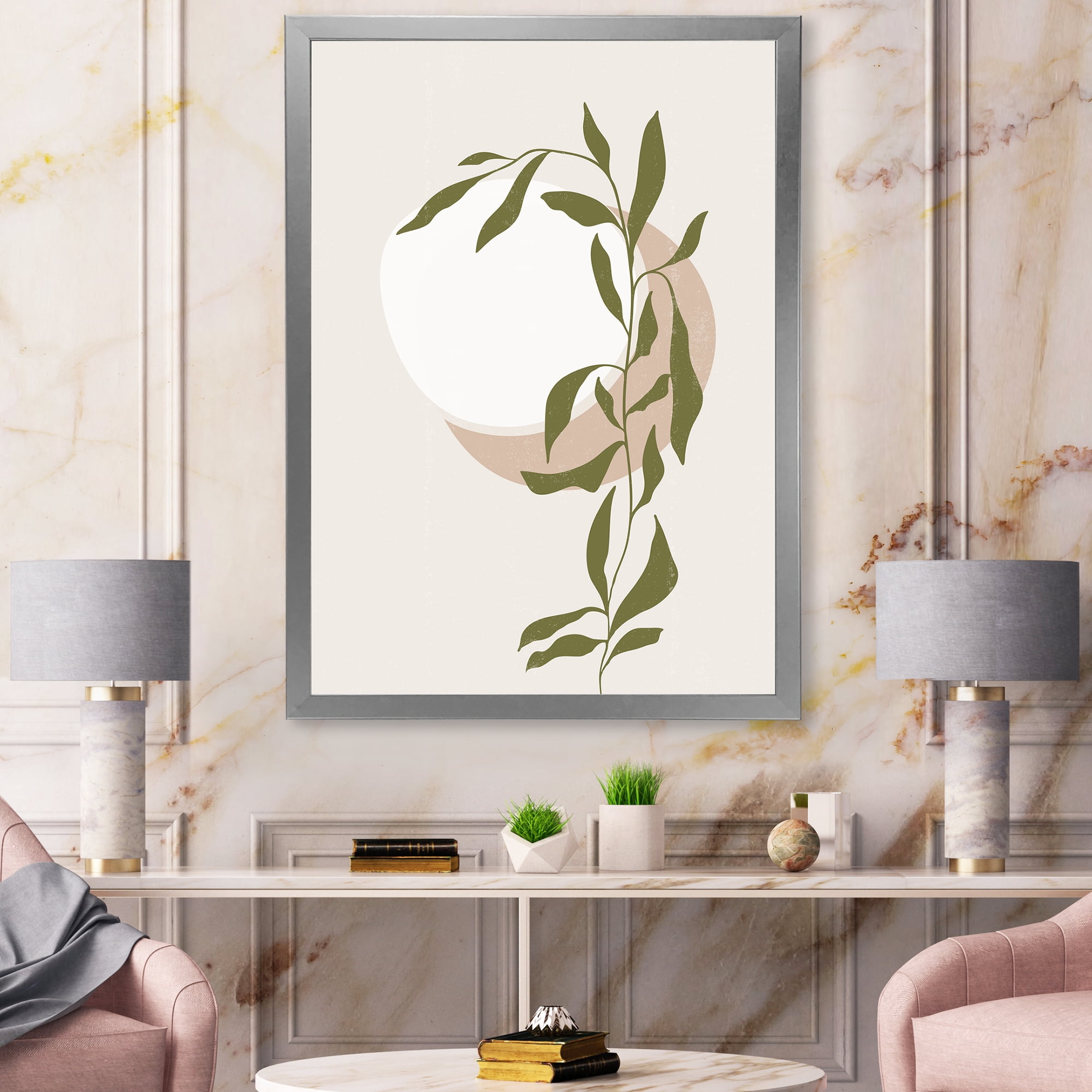 Designart 'Abstract Moon and Sun With Green Leaf III' Modern Framed Art Print