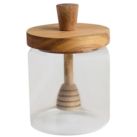 Honey Jars with Dipper Clear Glass Round Container Stirring Rod Wood