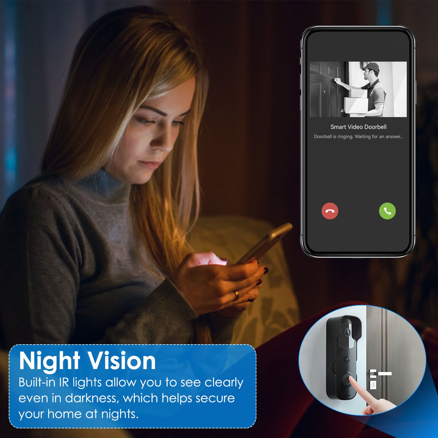 Compatible with Alexa Google Assistant Wireless Smart Wi-Fi Video Doorbell Security Phone Doorbell Intercom Camera Two Way Audio Night Vision