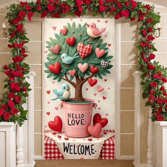 Heart-shaped Love Banner Bird Design Welcome Display Red Plaid Pink Theme Romantic Backdrop for Valentine's Day Wedding Reception Welcome Party