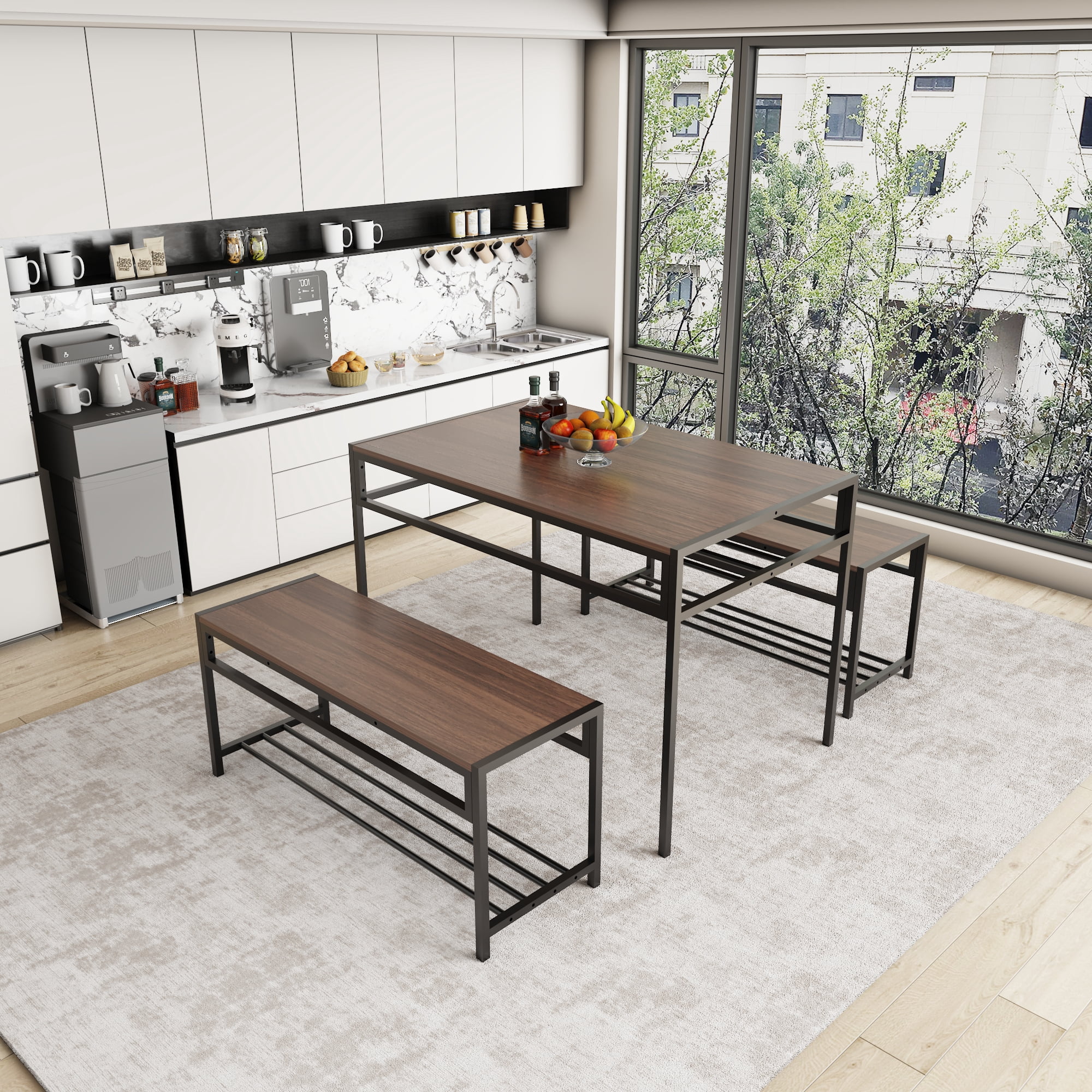 GARITIN 3 Piece Dining Table Set with 2 Benches, Rectangular Kitchen Table with Built in Wine Storage Rack for Small Apartment, Walnut Brown