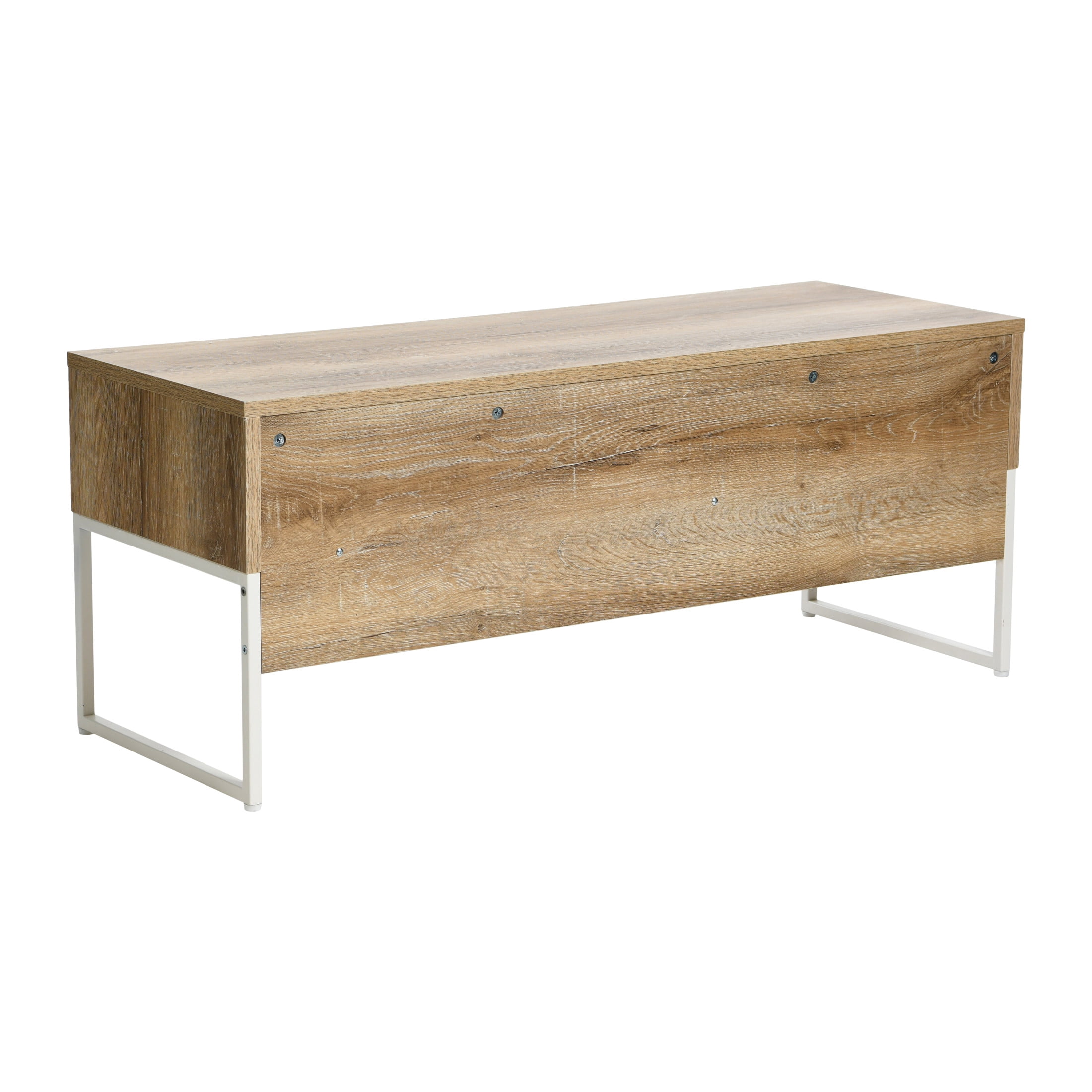 Household Essentials Wrap TV Stand with Rectangular Storage Compartment Coastal Oak Rustic Wood Grain and White Metal