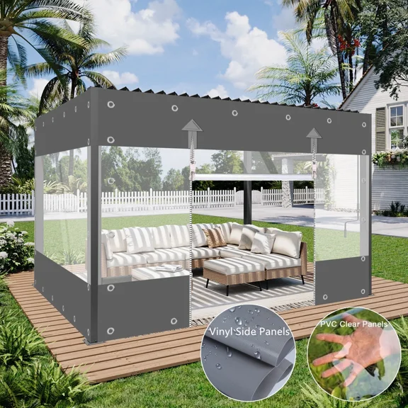 TOPCHANCES Clear Vinyl Curtains with Zipper Entry, Heavy Duty Waterproof PVC Clear Tarp with Grommets, Outdoor Clear Panel Curtain for Porch, Pergola, Gazebo, Patio, Enclosure (7'H x 10'W, Gray)