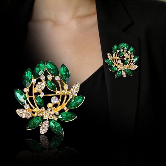 Alloy & Rhinestone Golden Branch Leaf Brooch for Women,Elegant Green Crystal Leaf Pin,Vintage Brooches for Wedding Dress Lapel Jacket Accessories