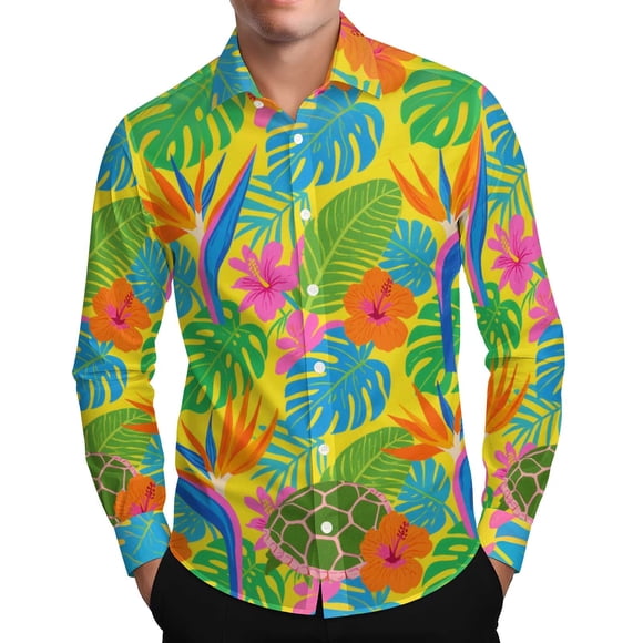Mens Hawaiian Shirt, Long Sleeve Button Down Tropical Beach Shirt for Casual Wear and Hawaii Party