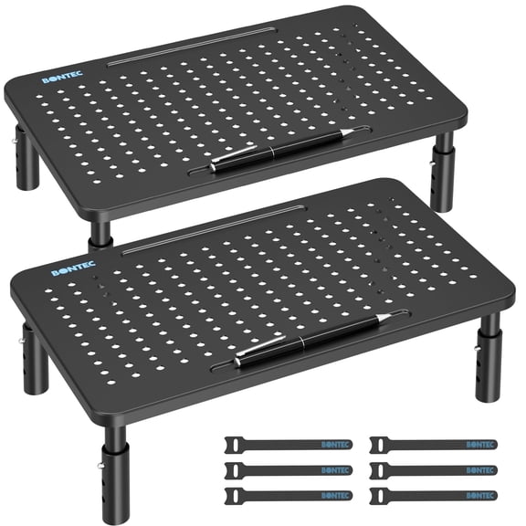 BONTEC 2PCS Monitor Stand Riser with 3 Height Adjustable with Pen Holder, Cable Management and Mesh Platform for Laptop, Computer, Printer (Black, 2 Pack )