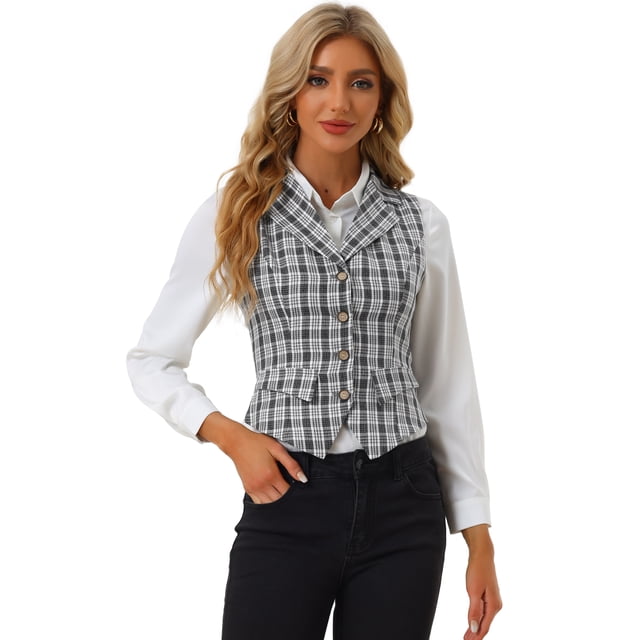 Chaleco a cuadros Allegra K para mujer cuello de solapa con muescas Negro L