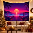 thumbnail image 3 of Boardwalk with Lights and Palm Silhouettes Over Calm Ocean, Nostalgic Retro for Beach Lovers, Coastal Scene Wall Art, Housewarming Gift, Tapestry Wall Hanging for Living Room and Dorm, 3 of 7